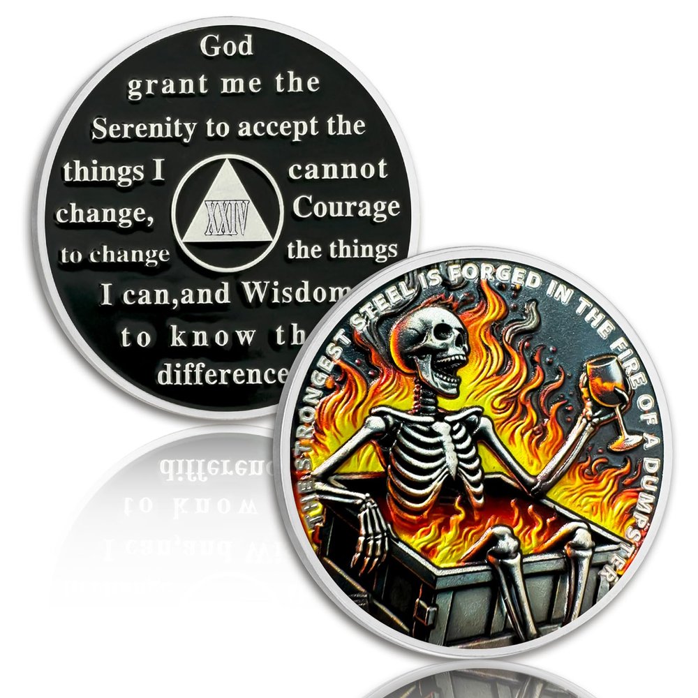 Skeletons in the Fire 24 Year Sobriety Coin, Dumpster Fire AA Medallion