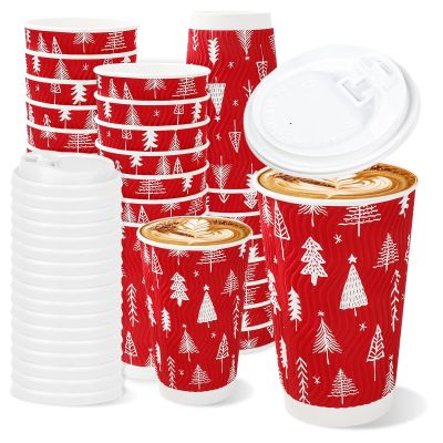 JarThenaAMCS 100Pcs Christmas Disposable Coffee Cups with Lids 16oz Paper Cups Red White Xmas Tree Corrugated Ripple Wall Insulated Hot Cup for Xmas Winter Supplies