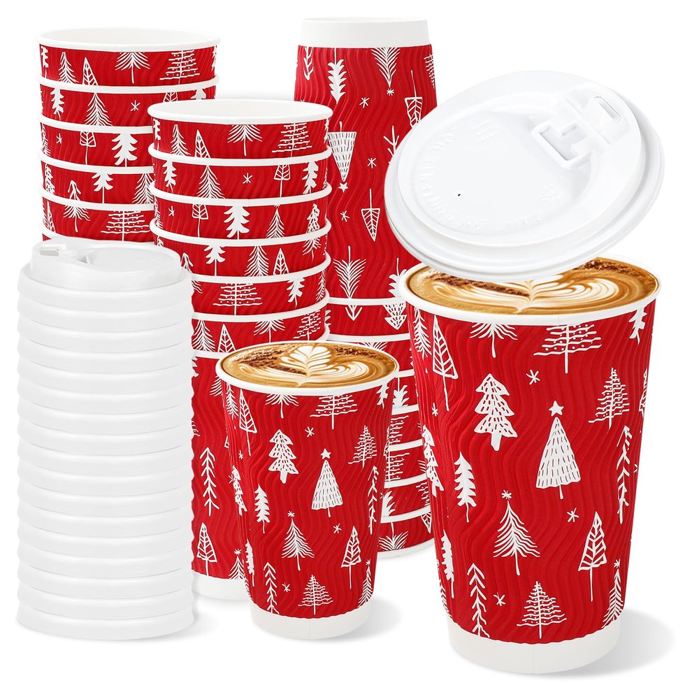JarThenaAMCS 100Pcs Christmas Disposable Coffee Cups with Lids 16oz Paper Cups Red White Xmas Tree Corrugated Ripple Wall Insulated Hot Cup for Xmas Winter Supplies