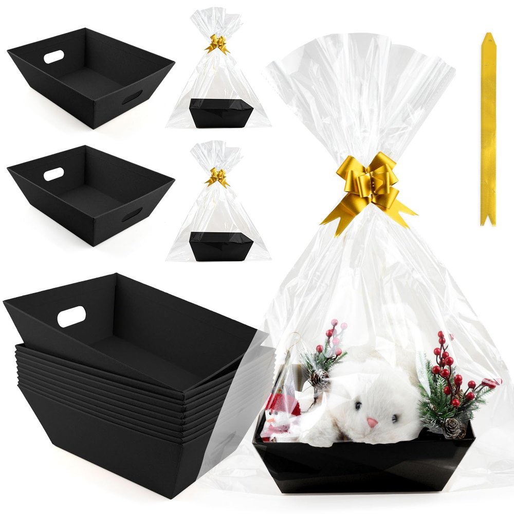 10PACK Empty Gift Basket Set, 10x10Kraft Market Tray Gift Basket with 10 Bows 10 Bags Empty Gift Baskets for Christmas Thanksgiving Valentine Easter Wedding Birthday Party Gift Wrapping (Black)