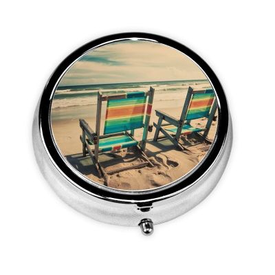 Pill Box with Mirror Beach Chairs 3 Compartment Small Pill Case for Purse Or Pocket Mini Metal Pill Holder Travel Weekly Medicine Tablet Vitamin Holder Organizer Travel Gifts
