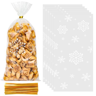 Christmas Cellophane Treat Bags - Christmas Candy Bags, 50 Pcs Clear Snowflake Cellophane Gift Bag with Ties, Cello Plastic Goodie Snack Cookie Bag for Xmas Winter Holiday Goody Party Favors Supplies