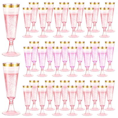 100 Pack Pink Plastic Champagne Flutes with Gold Rim, 5.5 Oz Clear Disposable Plastic Champagne Glasses, Wine Glasses Cups for Wedding Celebration Birthday Party Wine Tasting New Years Eve Supplies