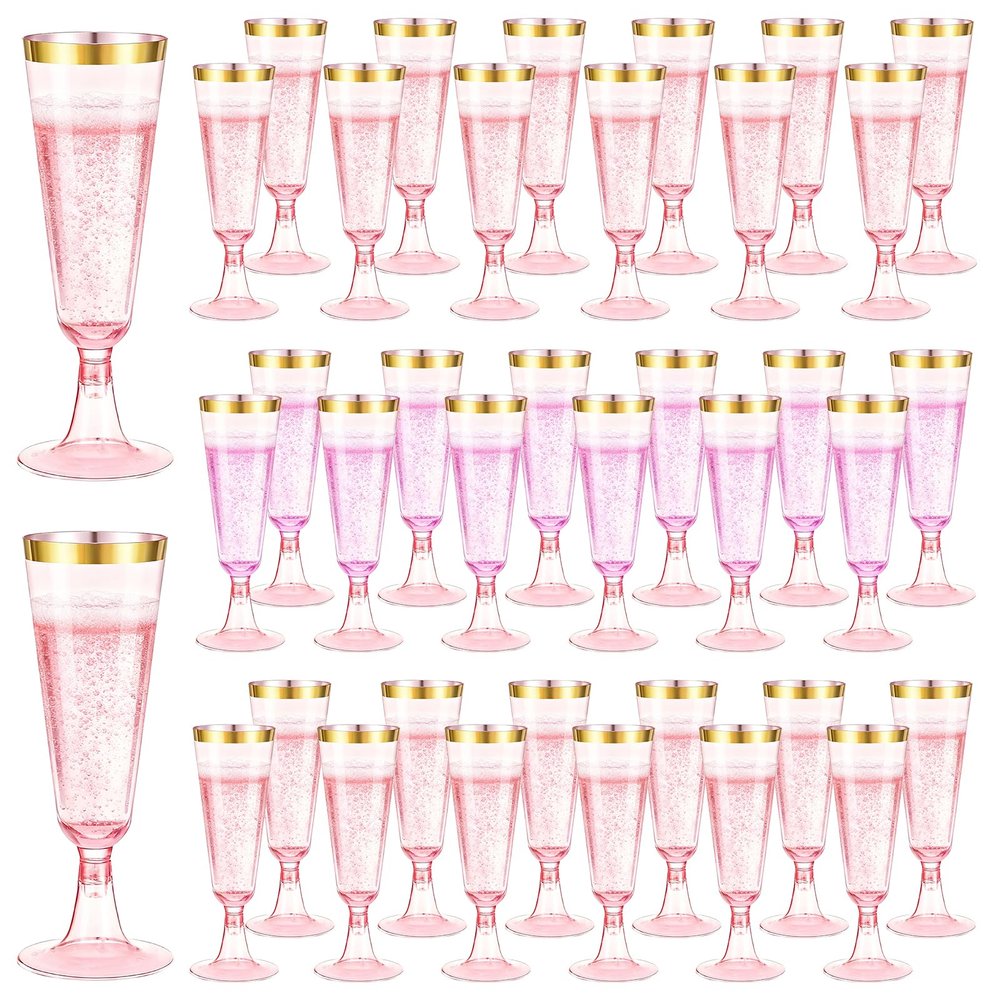 100 Pack Pink Plastic Champagne Flutes with Gold Rim, 5.5 Oz Clear Disposable Plastic Champagne Glasses, Wine Glasses Cups for Wedding Celebration Birthday Party Wine Tasting New Years Eve Supplies