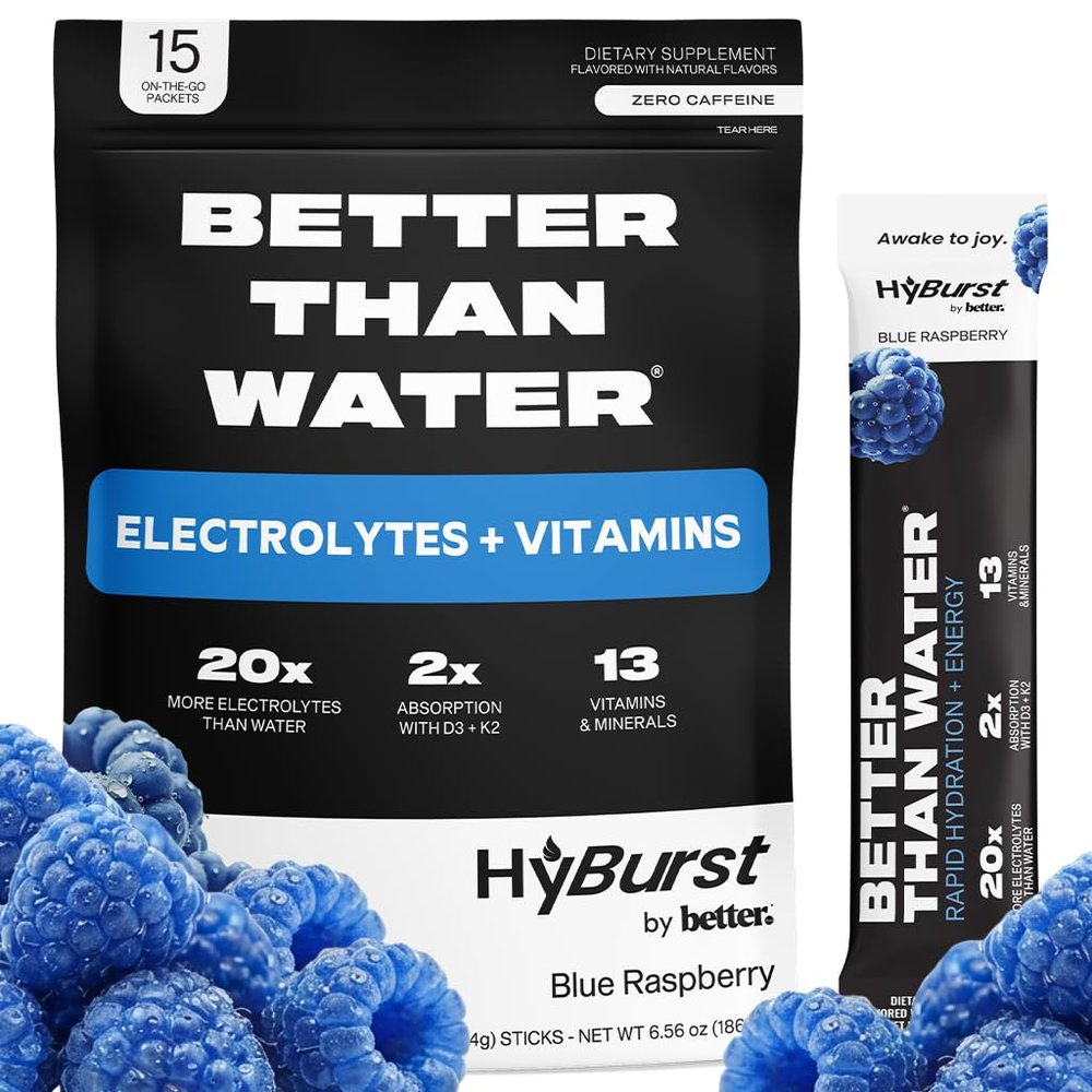 Hyburst Better Than Electrolyte & Vitamin Supplement Powder, Drink Mix with B12, L-Theanine, D3, K2, Zinc, Magnesium, Potassium, Supports Calm Focus & Energy, Blue Raspberry, 15 Pack