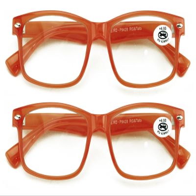 V.W.E. 2 Pairs Casual Rectangular Reading Glasses - Stylish Simple Readers Magnification Transparent Blue Red Clear (2 Coral Orange, 2.00, x)