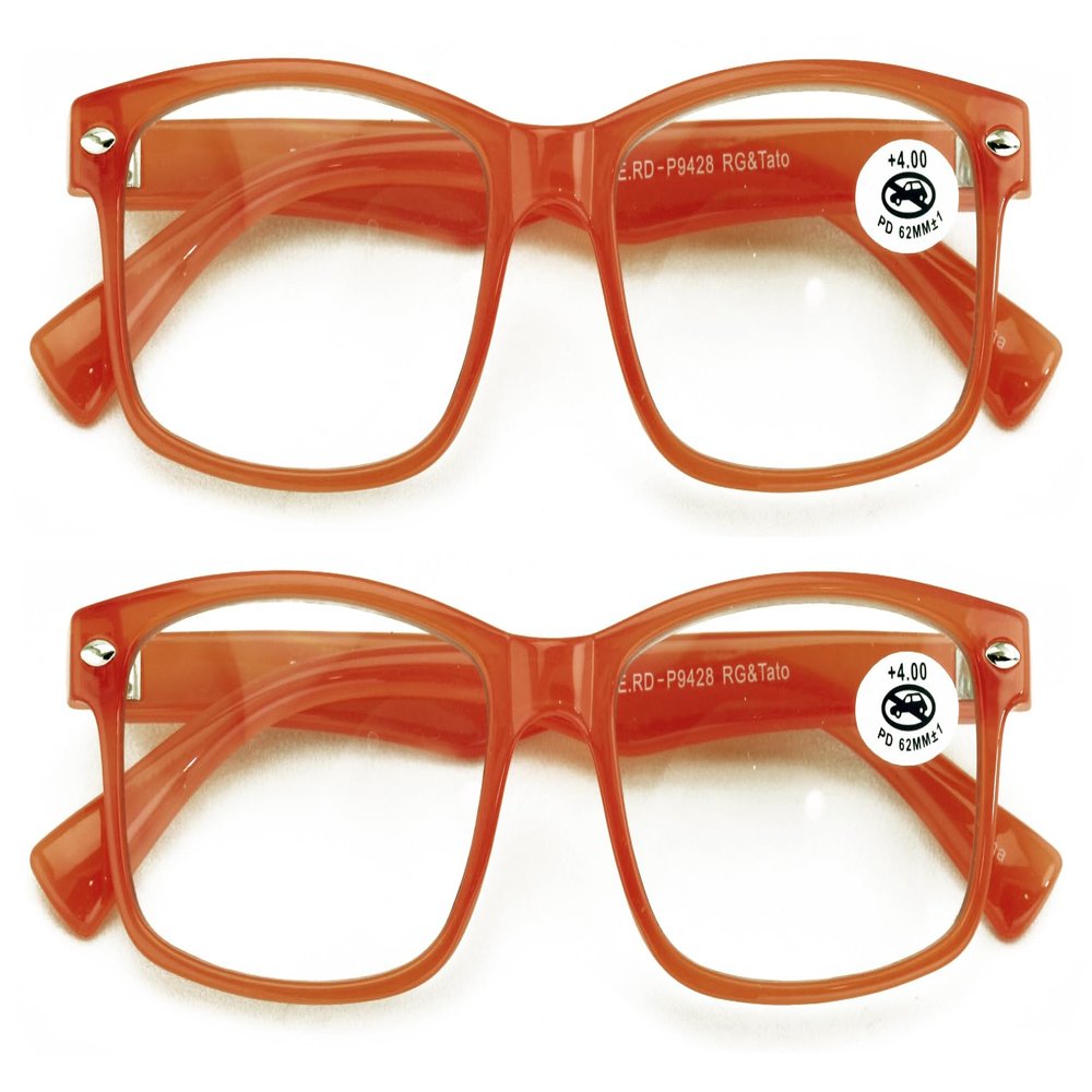 V.W.E. 2 Pairs Casual Rectangular Reading Glasses - Stylish Simple Readers Magnification Transparent Blue Red Clear (2 Coral Orange, 2.00, x)