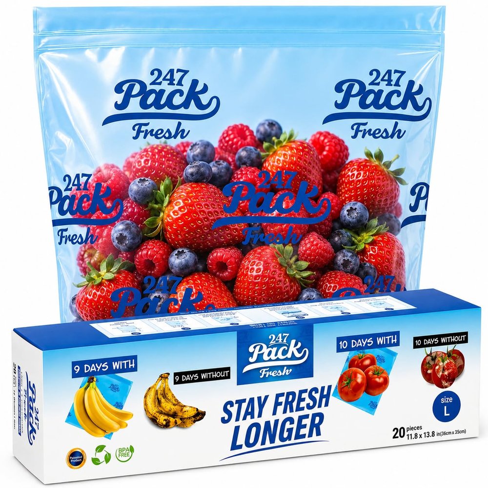 Freshpack 247 Reusable Produce Bags Size L 12 x 14 in, 1.5 Gallon 20 Pack Green Produce Bags for Fruits and Vegetables, Food Storage Bags With Zipper, Helps Keep Produce Fresh, Pantry Meal Prep