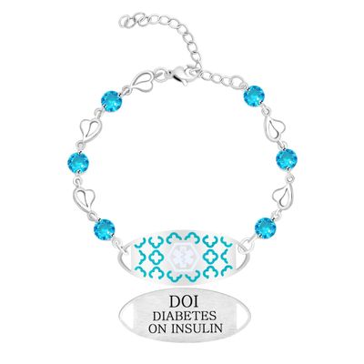 Zircobic Diabetes on Insulin Medical Alert Bracelet Laser Engraved Stainless Steel Tag, Round Blue Zircon Heart Chain, Lightweight Comfortable Emergency ID Jewelry for Work & Daily Wear
