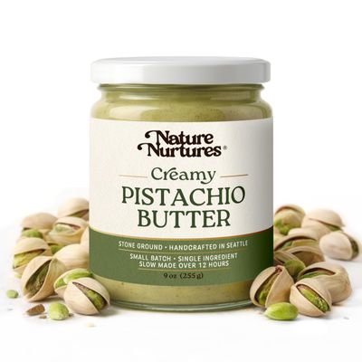 Creamy Pistachio Butter 100% Pistachios Single Ingredient No Fillers Raw Stone Ground for 12 Hours Small Batch Handcrafted in Seattle USA High Protein For Toast, Baking, Smoothies & Yogurt Bowls 100% Pure & Natural No Added Suga