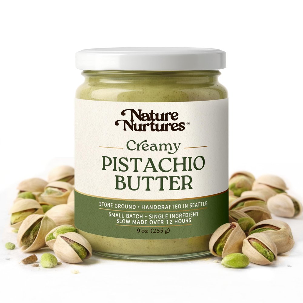 Creamy Pistachio Butter 100% Pistachios Single Ingredient No Fillers Raw Stone Ground for 12 Hours Small Batch Handcrafted in Seattle USA High Protein For Toast, Baking, Smoothies & Yogurt Bowls 100% Pure & Natural No Added Suga