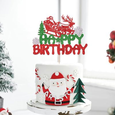 Naicaek Merry Christmas Happy Birthday Cake TopperRed & Green Glitter New Year Christmas Party Supplies,Winter Holiday Cake Picks-Boys Girls Birthday Party Supplies