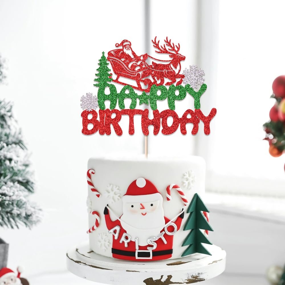 Naicaek Merry Christmas Happy Birthday Cake TopperRed & Green Glitter New Year Christmas Party Supplies,Winter Holiday Cake Picks-Boys Girls Birthday Party Supplies