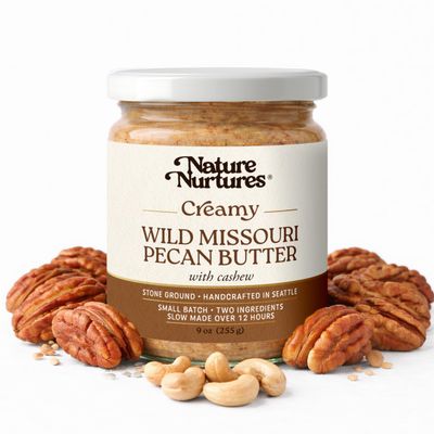Creamy Wild Pecan Butter with Cashew Only Wild Pecans & Cashews Raw Stone Ground Slowly Made Over 12 Hours Small Batch Missouri Harvest Handcrafted in Seattle USA For Toast, Baking, Smoothies & Rich Spreads High Protein No Added S