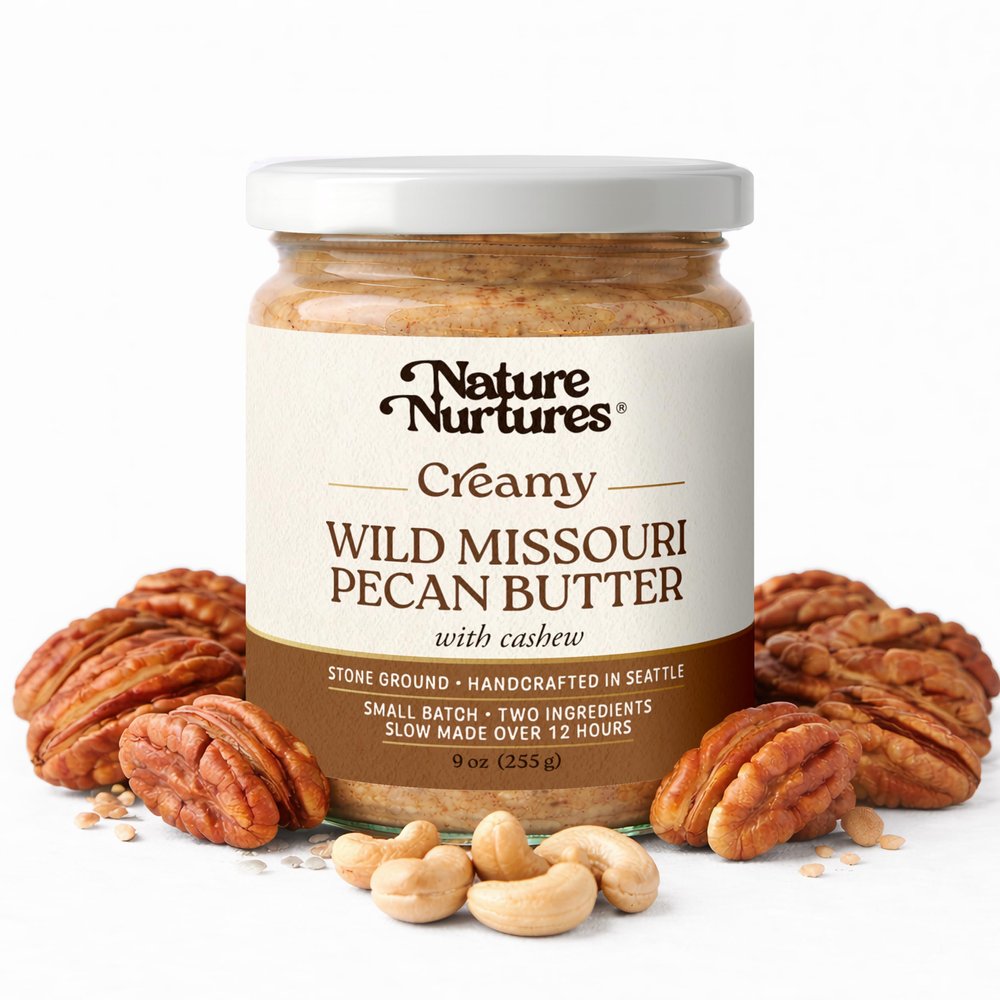 Creamy Wild Pecan Butter with Cashew Only Wild Pecans & Cashews Raw Stone Ground Slowly Made Over 12 Hours Small Batch Missouri Harvest Handcrafted in Seattle USA For Toast, Baking, Smoothies & Rich Spreads High Protein No Added S