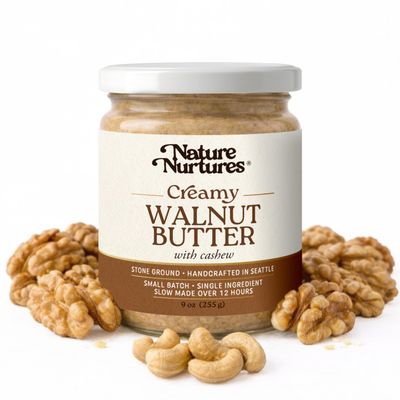 Creamy Walnut Butter with Cashew Only Walnuts & Cashews Raw Stone Ground Slowly Made Over 12 Hours Small Batch Handcrafted in Seattle USA For Toast, Baking, Smoothies & Rich Spreads High Protein No Added Sugar No Palm Oil Unrefi