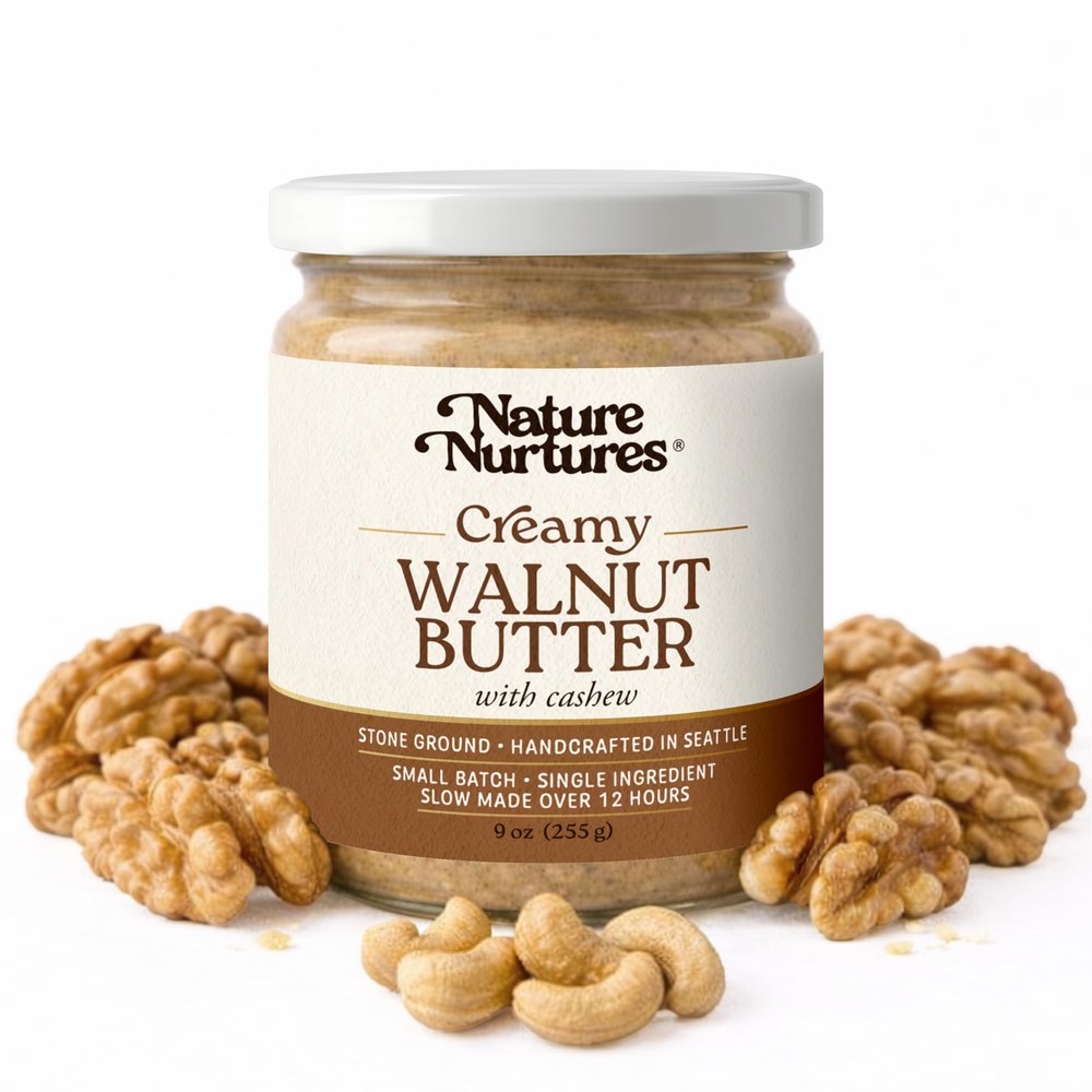 Creamy Walnut Butter with Cashew Only Walnuts & Cashews Raw Stone Ground Slowly Made Over 12 Hours Small Batch Handcrafted in Seattle USA For Toast, Baking, Smoothies & Rich Spreads High Protein No Added Sugar No Palm Oil Unrefi