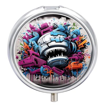 Pill Box 3 Compartment Colorful Graffiti Print Pill Organizer Cute Round Portable Metal Pill Case for Pocket Or Purse Holder to Hold Vitamins Medication Fish Oil and Supplements