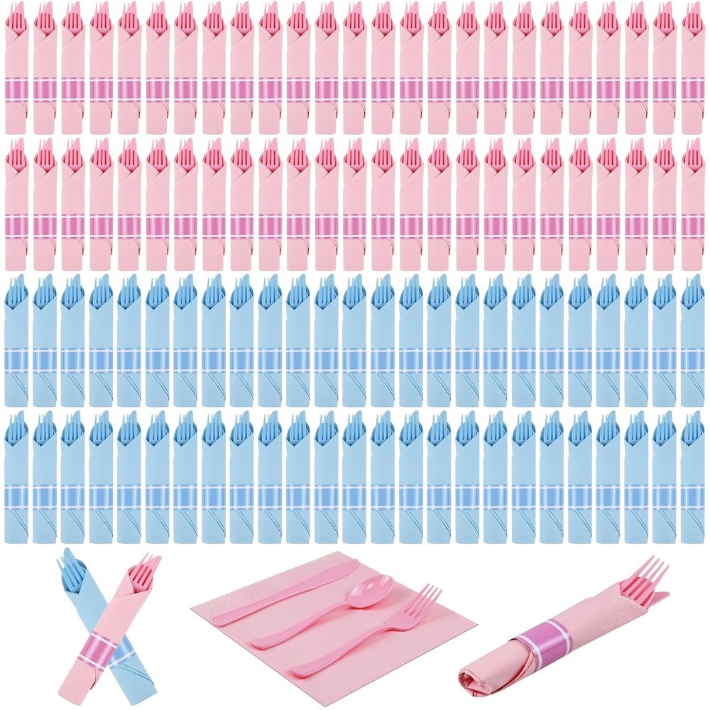 100Pack Pre Rolled Gender Reveal Cutlery Set with Napkins, Pink & Blue Disposable Plastic Silverware for Baby Shower, Birthday Party, Boy or Girl Reveal Party, Pre Wrapped Utensils Tableware
