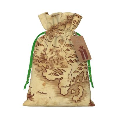 NBSKSDLK Treasure Map Vintage Christmas Gift Bags with Tags & Ribbon Ties, Personalized Santa Sack Xmas Treat Pouch Party Favor Bags Drawstring Christmas Sacks for Holiday Presents Storage Medium