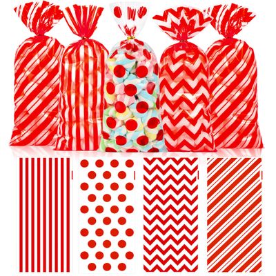 100 PCS Red Cellophane Treat Bags - 5x11 In Clear Candy Bags with Red Stripes and 110 Gold Ties, Plastic Goodie Bag for Popcorn, Circus Carnival Birthdays, Movie Night Favors & Gift Packaging
