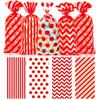 100 PCS Red Cellophane Treat Bags - 5x11 In Clear Candy Bags with Red Stripes and 110 Gold Ties, Plastic Goodie Bag for Popcorn, Circus Carnival Birthdays, Movie Night Favors & Gift Packaging view 1