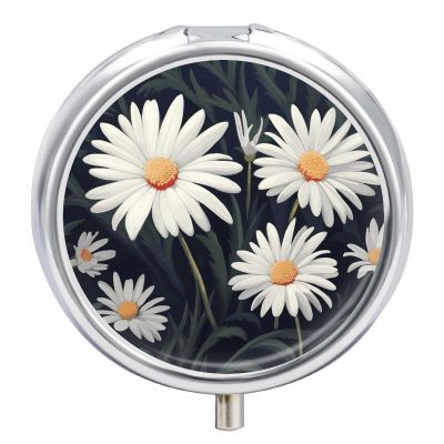 Pill Box 3 Compartment Daisy Print Pill Organizer Cute Round Portable Metal Pill Case for Pocket Or Purse Holder to Hold Vitamins Medication Fish Oil and Supplements