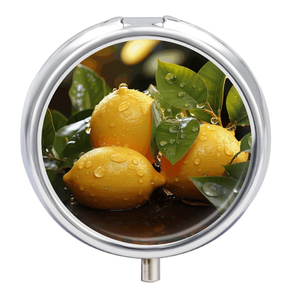 Pill Box 3 Compartment Fresh Lemon Print Pill Organizer Cute Round Portable Metal Pill Case for Pocket Or Purse Holder to Hold Vitamins Medication Fish Oil and Supplements