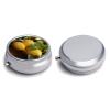 Pill Box 3 Compartment Fresh Lemon Print Pill Organizer Cute Round Portable Metal Pill Case for Pocket Or Purse Holder to Hold Vitamins Medication Fish Oil and Supplements view 3