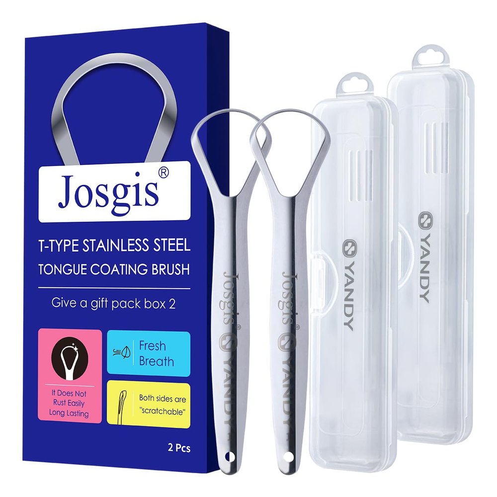 JOSGIS Tongue Scraper for Adults, 2 Pack, 100% Stainless Steel Tongue Brush