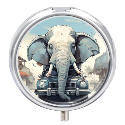 Pill Box 3 Compartment Car Elephant Print Pill Organizer Cute Round Portable Metal Pill Case for Pocket Or Purse Holder to Hold Vitamins Medication Fish Oil and Supplements