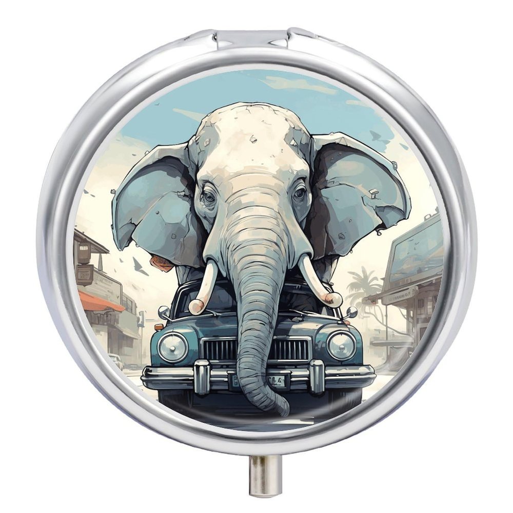 Pill Box 3 Compartment Car Elephant Print Pill Organizer Cute Round Portable Metal Pill Case for Pocket Or Purse Holder to Hold Vitamins Medication Fish Oil and Supplements