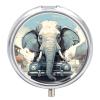 Pill Box 3 Compartment Car Elephant Print Pill Organizer Cute Round Portable Metal Pill Case for Pocket Or Purse Holder to Hold Vitamins Medication Fish Oil and Supplements view 1