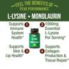 Peak Performance L Lysine 1000mg + Monolaurin 500mg High Potency Supplement for Lips, Skin, & Immune Support - L-Lysine 2-in-1 Bioavailable Supplements for Men and Women - 60 Capsules view 2