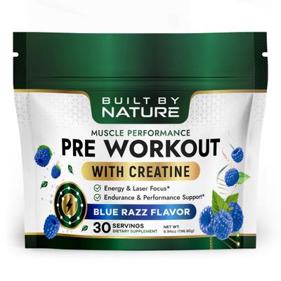 Built by Nature Pre Workout Powder for Men & Women Preworkout with Creatine for Energy, Focus & Pumps Sports Nutrition Pre-Workout Supplement Blue Razz Flavor, 30 Servings