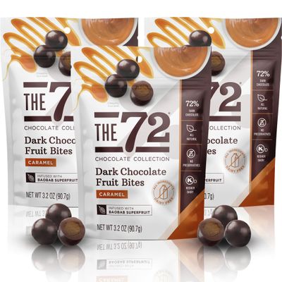 The 72 Chocolate Collection 72% Dark Chocolate Caramel Baobab Fruit Bites | 3.2 oz Bags (Pack of 3) | Antioxidant Rich Snack | Gluten Free Non GMO Keto Friendly