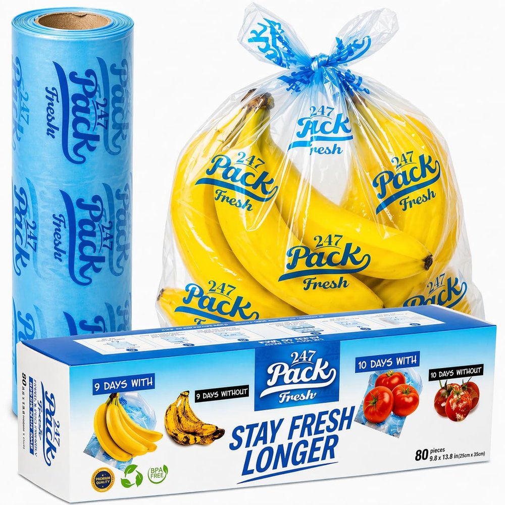 Freshpack 247 Produce Storage Bags Roll 10 x 14 Inches 1 Gallon Tear Off Reusable Food Storage Bags For Fruits Vegetables Meal Prep Lunch Pantry Use