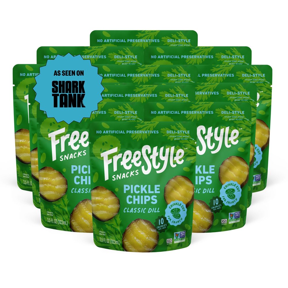 Freestyle Snacks Pickle Chip Snack Packs - Classic Dill - All Natural, Fresh-Packed Deli-Style Pickles - Non-GMO, Kosher, Gluten-Free, Low Calorie Snacks - 3.5 Ounce (12 Pack)