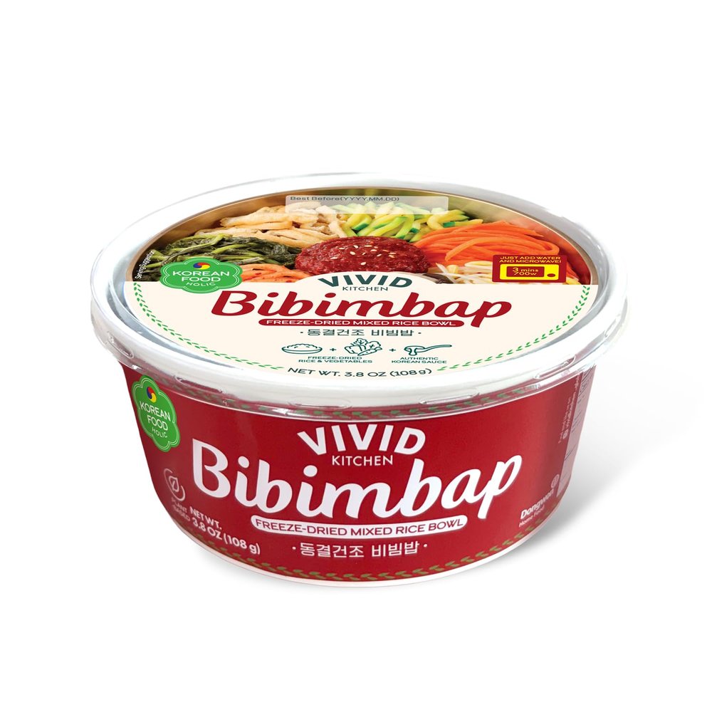 VIVID KITCHEN Freeze-Dried Bibimbap with Zero Sugar Sauce Plant-Based Korean Meal 3-Minute Microwave Bibimbap with 8 Vegetables Lightweight, Portable Bowl (3.8oz / 108g) (1EA)