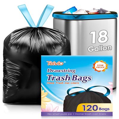 18 Gallon 120 Counts Strong Drawstring Trash Bags Garbage Bags by Teivio, Bathroom Trash Can Bin Liners, Plastic Bags for home office kitchen, Black