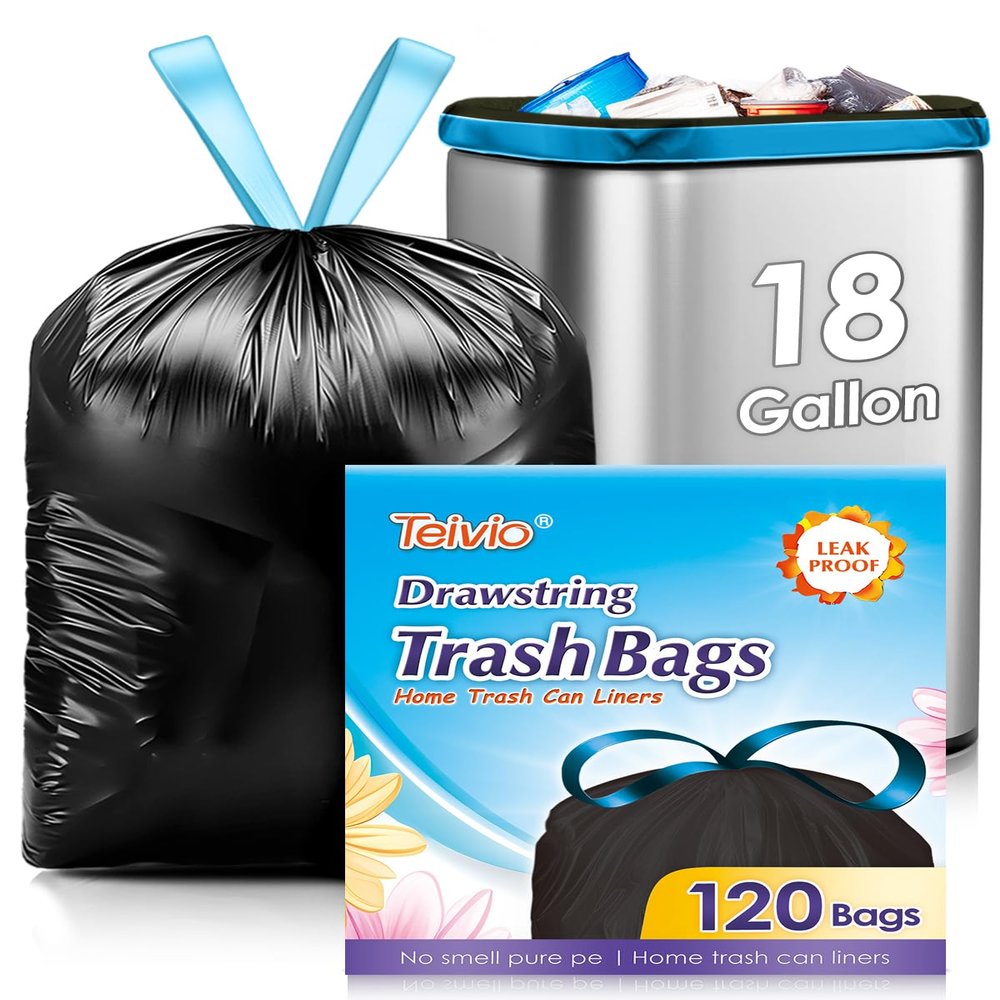 18 Gallon 120 Counts Strong Drawstring Trash Bags Garbage Bags by Teivio, Bathroom Trash Can Bin Liners, Plastic Bags for home office kitchen, Black