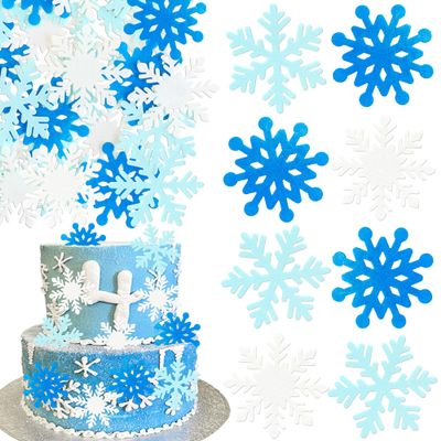 Ephlyn 60Pcs Edible Snowflake Cupcake Toppers Winter Cupcake Picks Water Paper Winter Frozen Cake Decorations for Snowflake Theme Baby Shower Kids Birthday Party Supplies Blue White