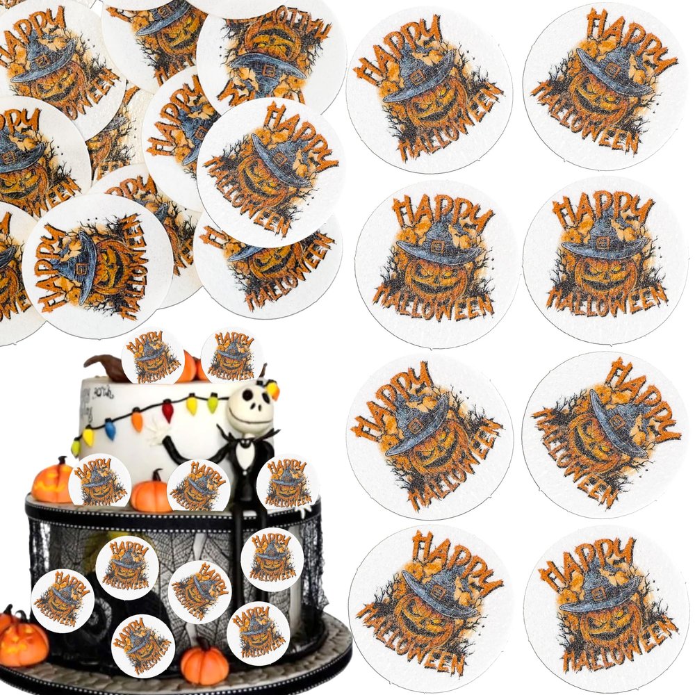 Ephlyn 54Pcs Edible Halloween Cupcake Toppers Wafer Paper Trick or Treat Cake Toppers Spooky Season Cupcake Picks for Halloween Eve Theme Party Birthday Decor Supplies Orange White