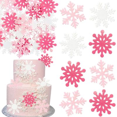 Ephlyn 60Pcs Edible Snowflake Cupcake Toppers Winter Cupcake Picks Water Paper Winter Frozen Cake Decorations for Snowflake Theme Baby Shower Kids Birthday Party Supplies Pink White