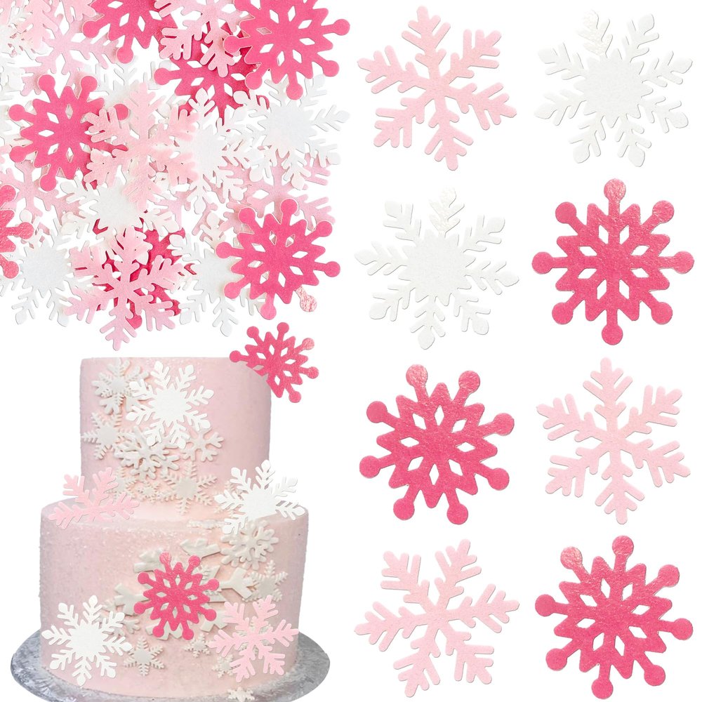 Ephlyn 60Pcs Edible Snowflake Cupcake Toppers Winter Cupcake Picks Water Paper Winter Frozen Cake Decorations for Snowflake Theme Baby Shower Kids Birthday Party Supplies Pink White