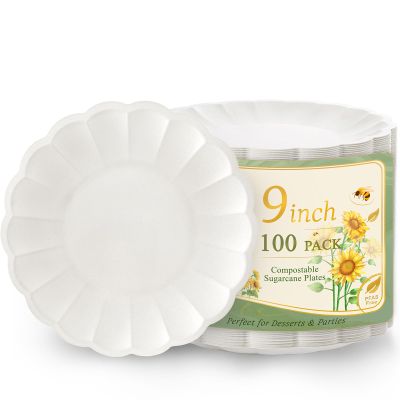 100 Pack Dinner Plates 9 Inch Paper Plates- Compostable Bagasse Party Plates for Wedding, BBQ,Picnic,Birthday,Baby Shower-100% Compostable Bagasse