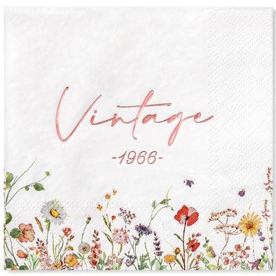 Crisky Floral 60th Birthday Napkins for Women 60th Birthday Decorations, 50 Pcs Vintage 1966 60 Years Old Disposable Napkins for Cake Dessert Beverage Table Bday Party Supplies, 3-Ply