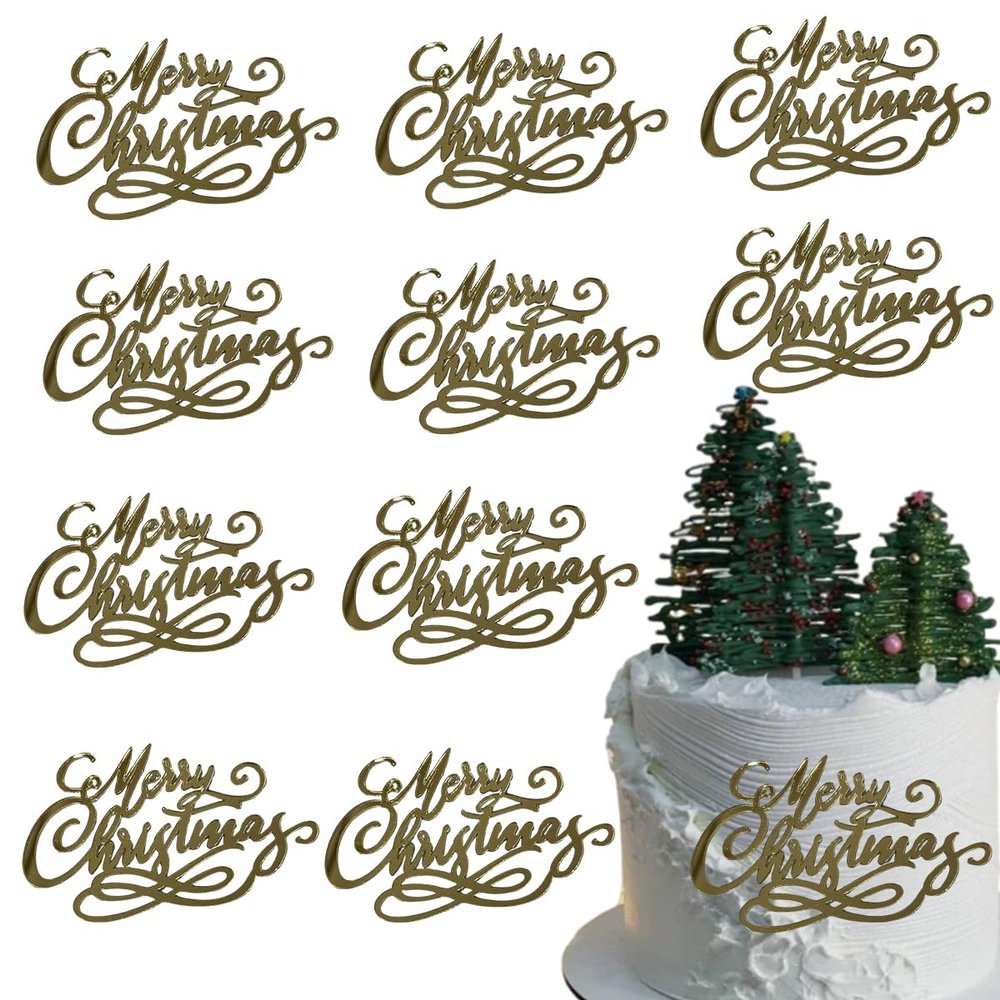 10Pcs Gold Acrylic Mirror Merry Christmas Cake Toppers Engraved Cake Decorations for Xmas Party Dessert DIY Decor Supplies