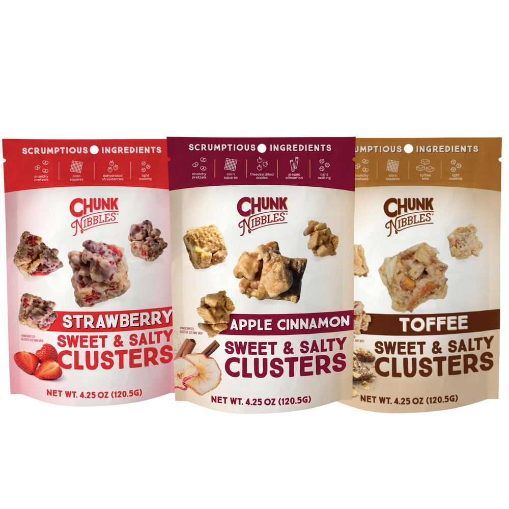 Chunk Nibbles Variety Snack Pack - Strawberry, Apple Cinnamon, Toffee Clusters - Gourmet Sweet & Salty Treat - Handcrafted, No Artificial Colors - 4.25oz Resealable Pouch (3 Pack)