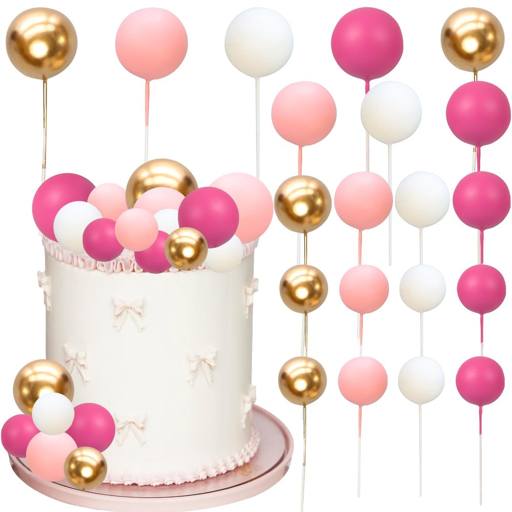 Ephlyn 32Pcs Mini Balls Cake Toppers Foam Balls DIY Cake Topper Inserts for Birthday Wedding Baby Shower Anniversary Cake Decorations Supplies Gold White Pink Rose Red
